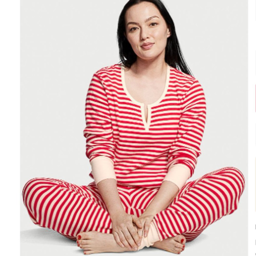 Candy Cane PJs Victoria's Secret XL Thermal Long Pajama Set Adorable NWT - Picture 7 of 14